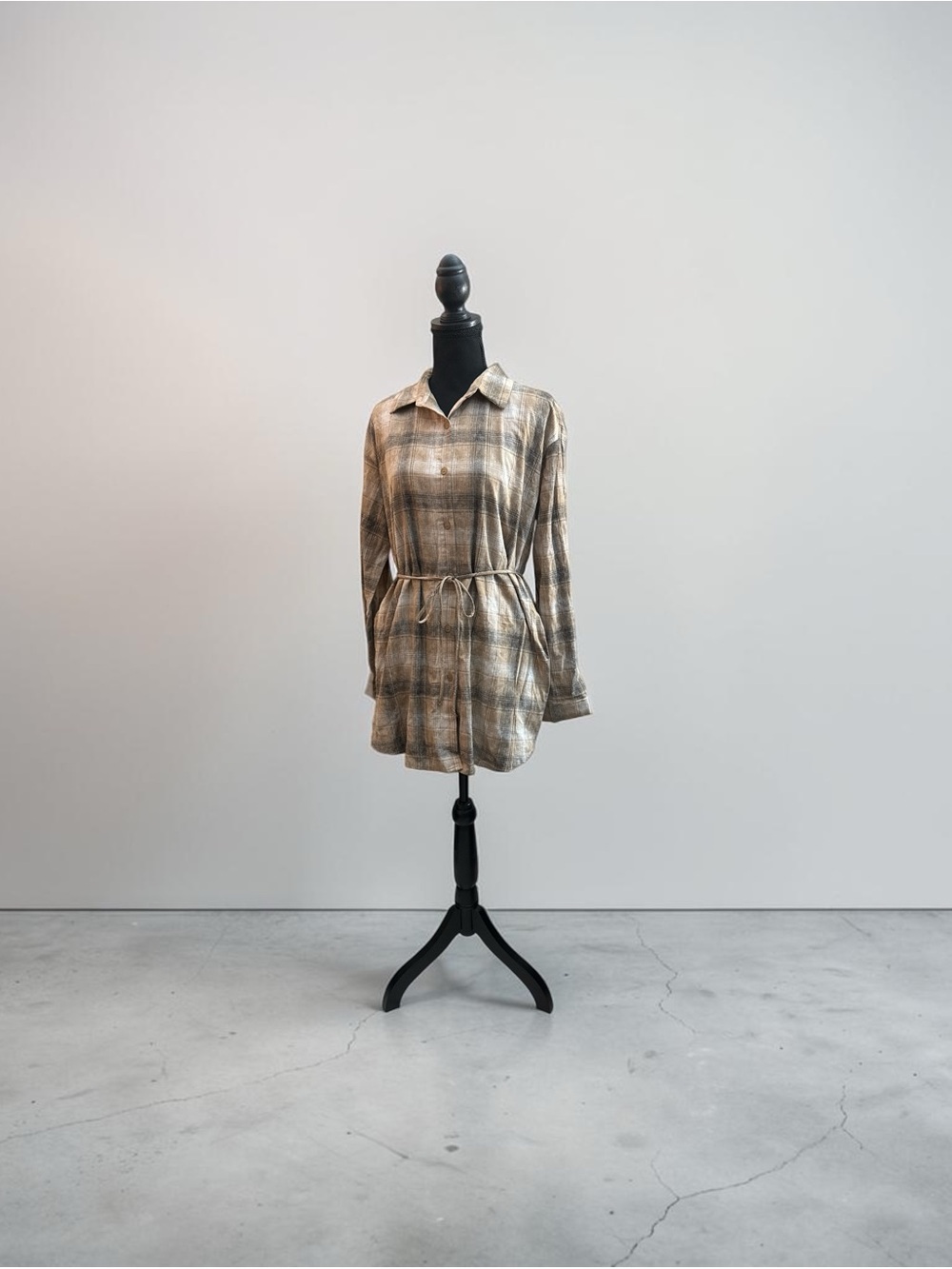Plaid Drawstring Shirt romper in Taupe and Cream